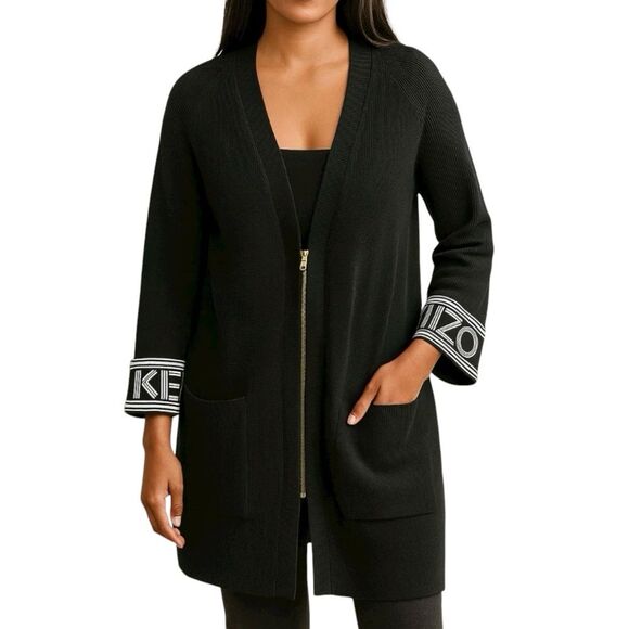 KENZO Paris Knit Logo Printed Cuff Detail Zip Front Long Cardigan Sweater Black - Picture 1 of 16